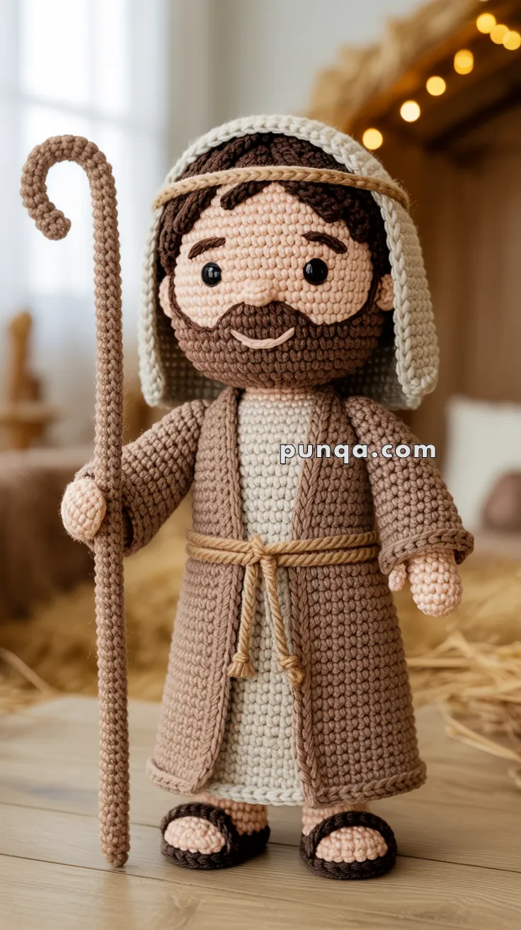 A crocheted figure of a shepherd wearing a beige and brown robe, holding a shepherd's crook, standing indoors with straw and festive lights in the background.