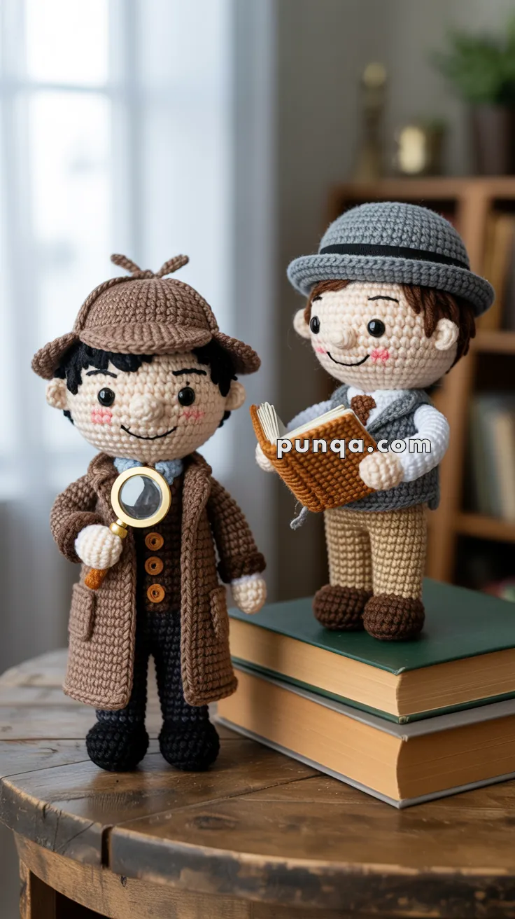 Two crocheted dolls on a wooden table, one dressed as a detective with a magnifying glass and the other with a book, standing on stacked books.