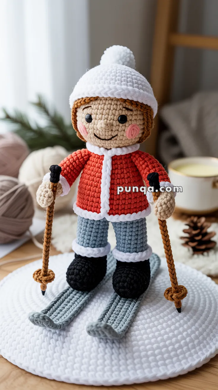 A crochet doll depicting a skier, wearing a red jacket, blue pants, and a white knit hat, holds ski poles while standing on crocheted skis, displayed on a white circular mat.