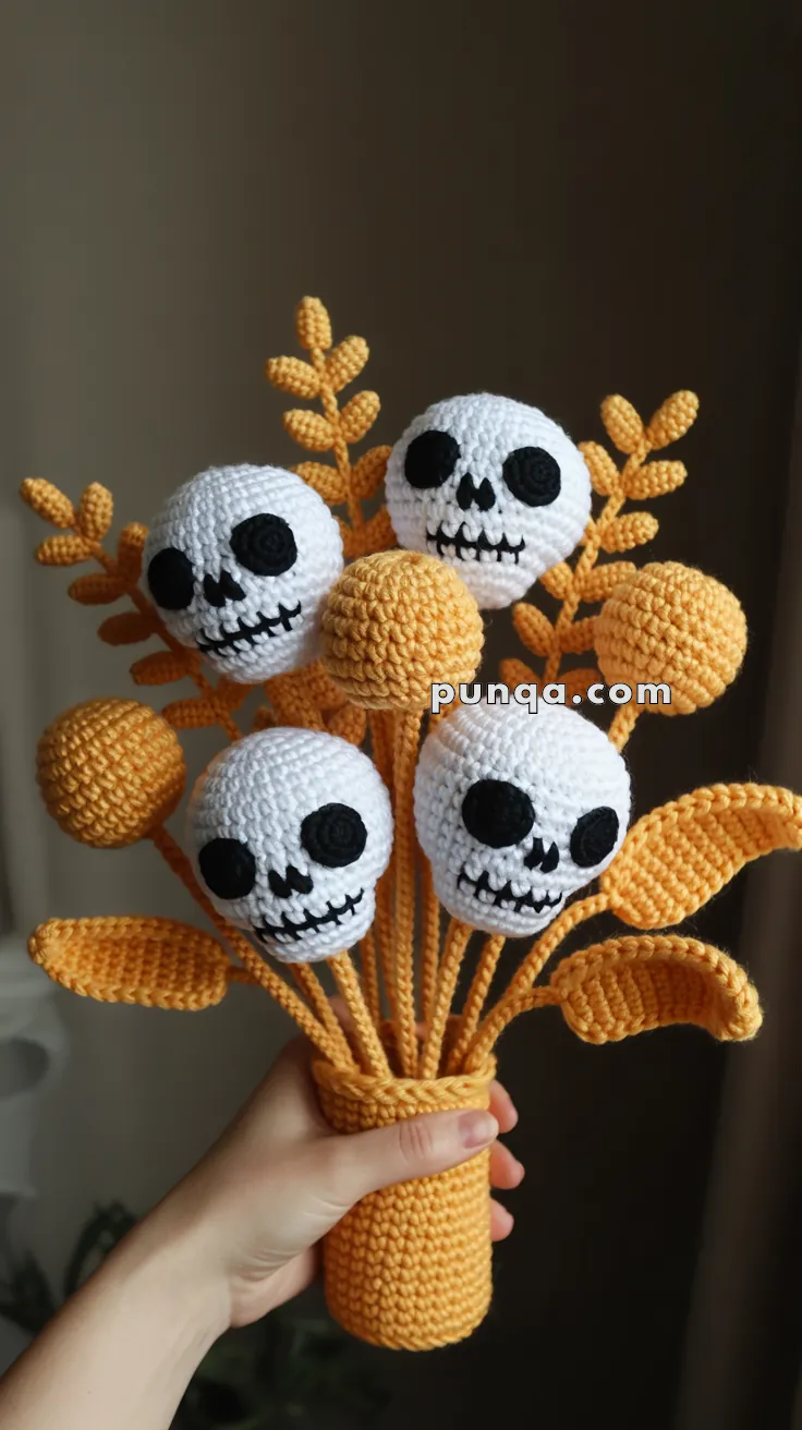 A crocheted bouquet held by a hand, featuring skull faces and yellow decorative elements with leaves and round shapes, against a dark background.