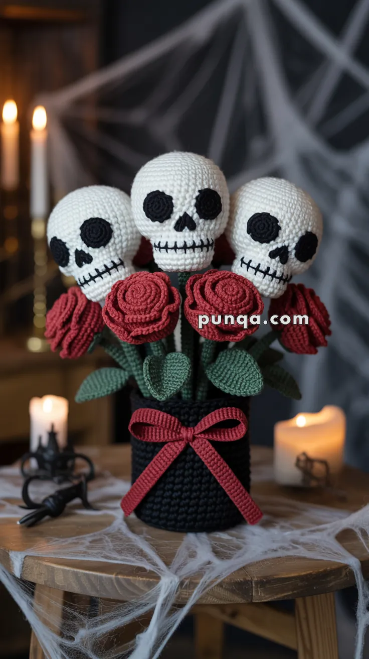 A crocheted bouquet featuring three skulls and red roses, arranged in a black vase with a red bow, set on a wooden table with cobweb decorations and lit candles in the background.
