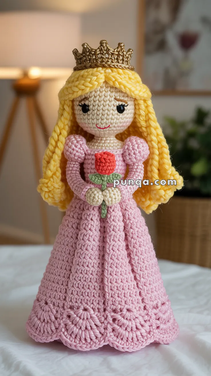 A crocheted doll with long blonde hair, wearing a golden crown and a pink dress, holding a red rose with green leaves.