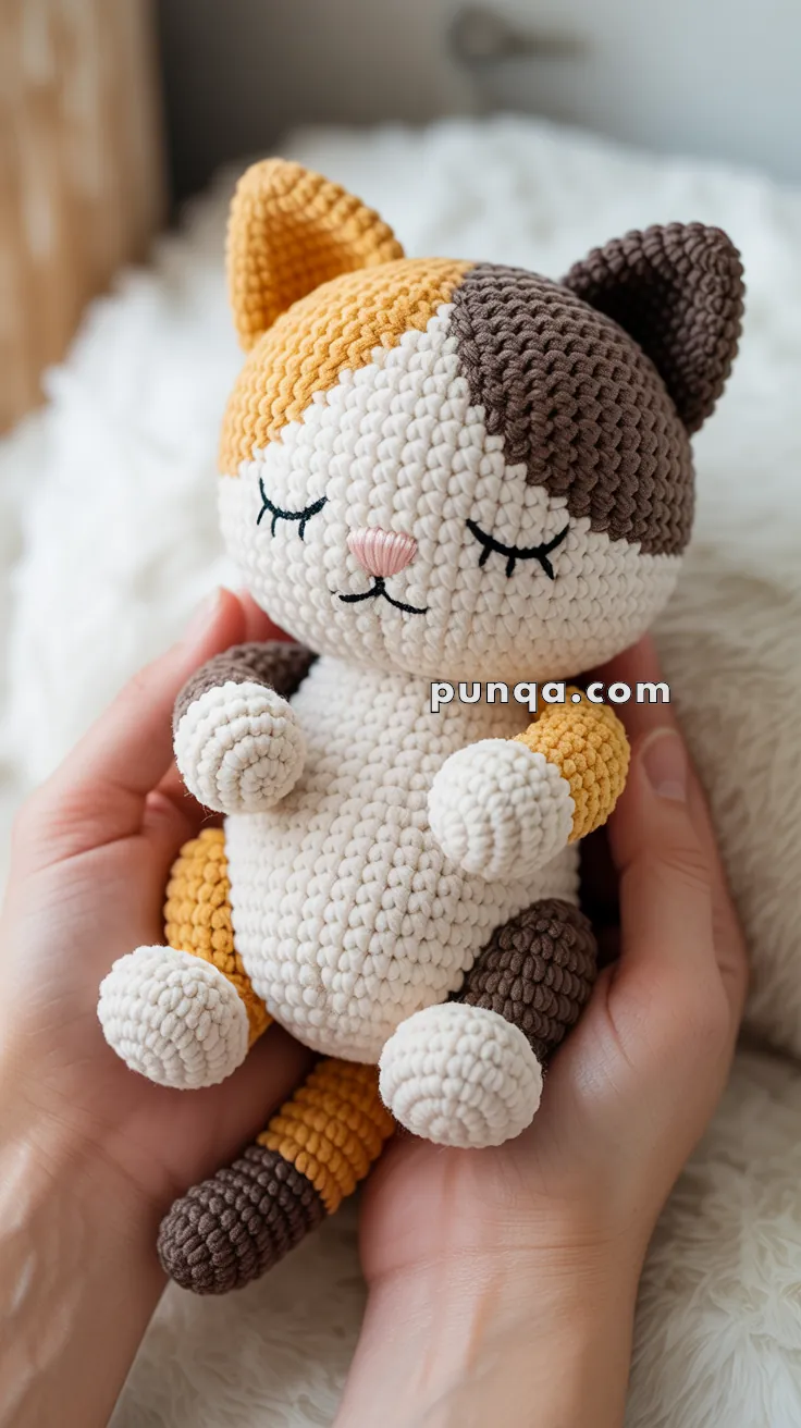 A crocheted stuffed toy cat with closed eyes, featuring white, brown, and orange yarn, being held gently in hands.