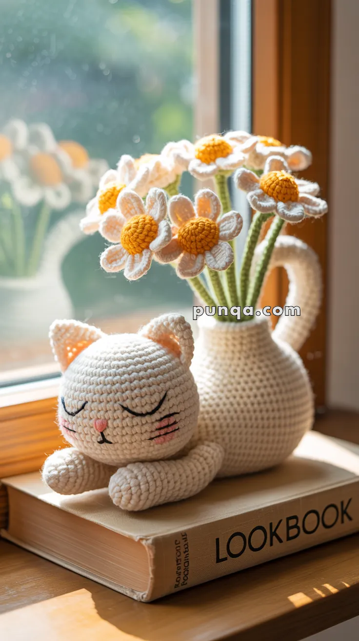 A crocheted white cat figure with closed eyes rests atop a book labeled 'LOOKBOOK,' beside a crocheted bouquet of daisies in a jug on a sunlit windowsill.
