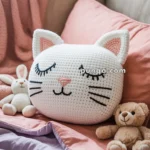 A crocheted pillow shaped like a cat's face with closed eyes, surrounded by a plush bunny and teddy bear on a bed with pink and purple bedding.