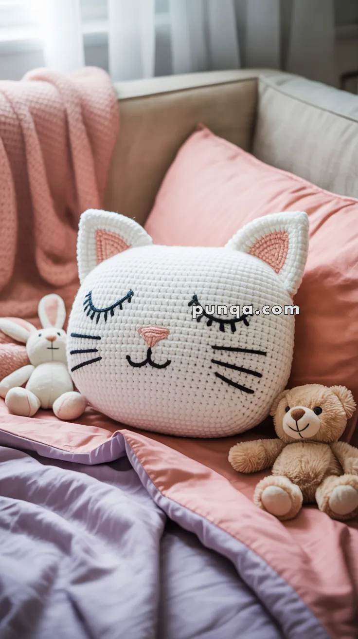 A crocheted pillow shaped like a cat's face with closed eyes, surrounded by a plush bunny and teddy bear on a bed with pink and purple bedding.