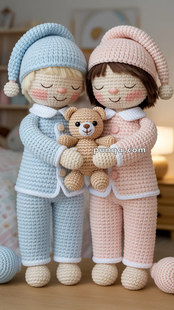 Two crocheted dolls wearing pastel pajamas, one in blue and one in pink, are holding a small crocheted teddy bear between them. They are standing in a cozy bedroom setting with a soft-focus background.