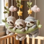 A crocheted baby mobile featuring three sloth plush toys hanging from a wooden ring, with decorative stars, leaves, and clouds, placed above a crib.