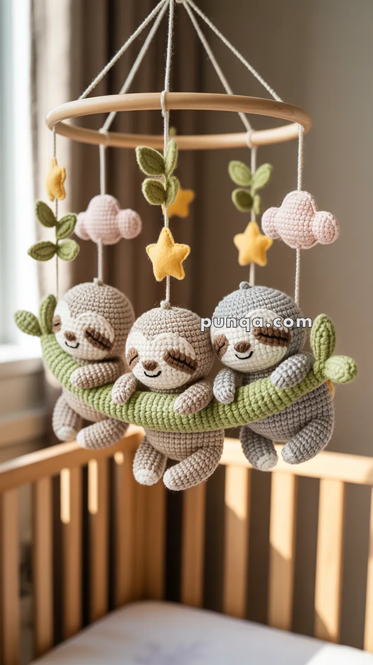 A crocheted baby mobile featuring three sloth plush toys hanging from a wooden ring, with decorative stars, leaves, and clouds, placed above a crib.