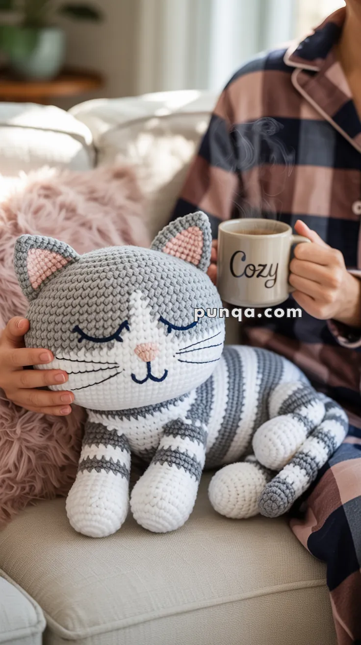 A person in plaid pajamas holds a steaming mug labeled "Cozy" while sitting next to a plush, crocheted gray and white striped cat on a sofa.