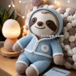 A crocheted sloth plush toy in a blue outfit is seated on a wooden surface. The setting includes a cozy, knitted pillow, a small crocheted lamp, and a crocheted book titled "Dreamland." String lights create a warm ambiance in the background.
