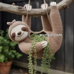 A crocheted sloth planter hanging from a branch, containing a string of pearls plant with long green vines.