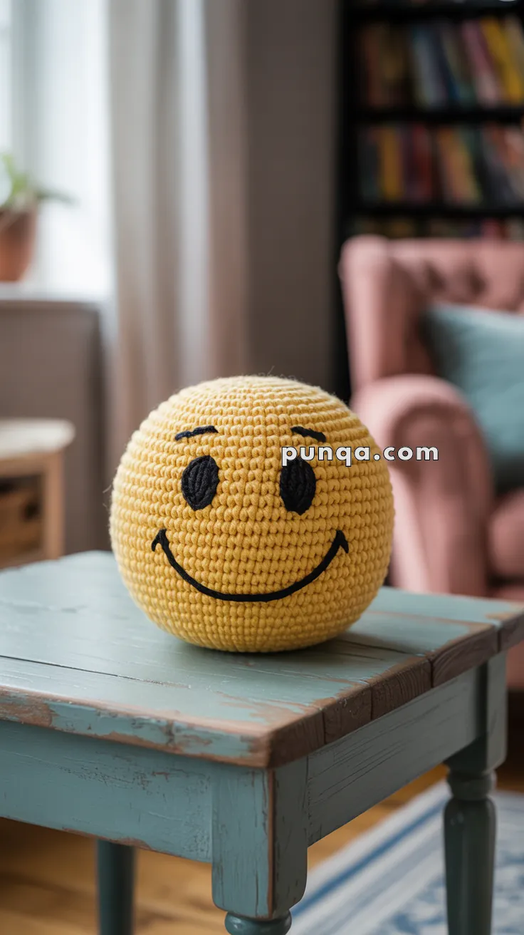 A crocheted yellow smiley face ball sits on a rustic teal wooden table, with a cozy room featuring a pink armchair and bookshelves in the background.