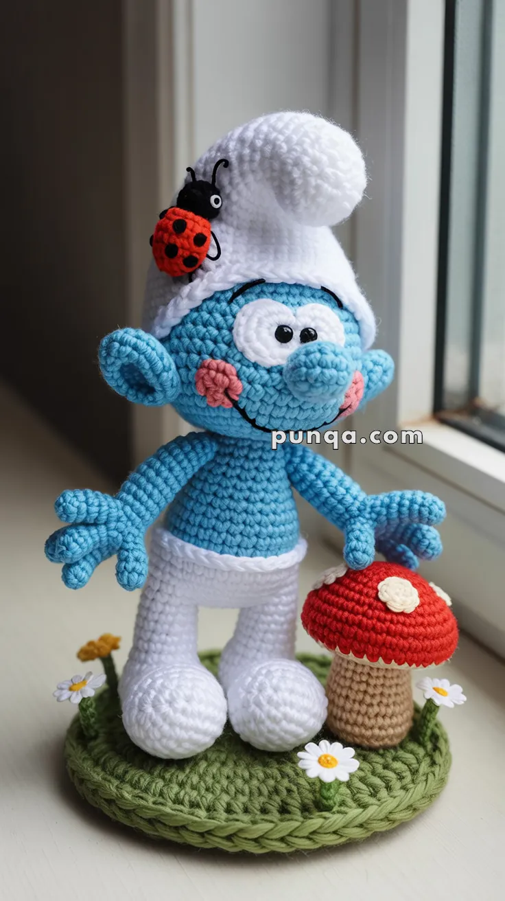 A crocheted blue character wearing a white hat and pants, with a red ladybug on the hat, stands next to a red and brown mushroom on a green base with white flowers.