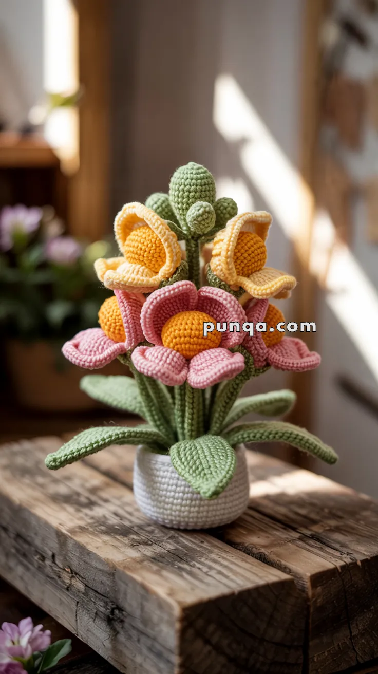 A crochet arrangement of colorful snapdragon flowers with yellow centers and pink and yellow petals, placed in a small white pot on a wooden surface.