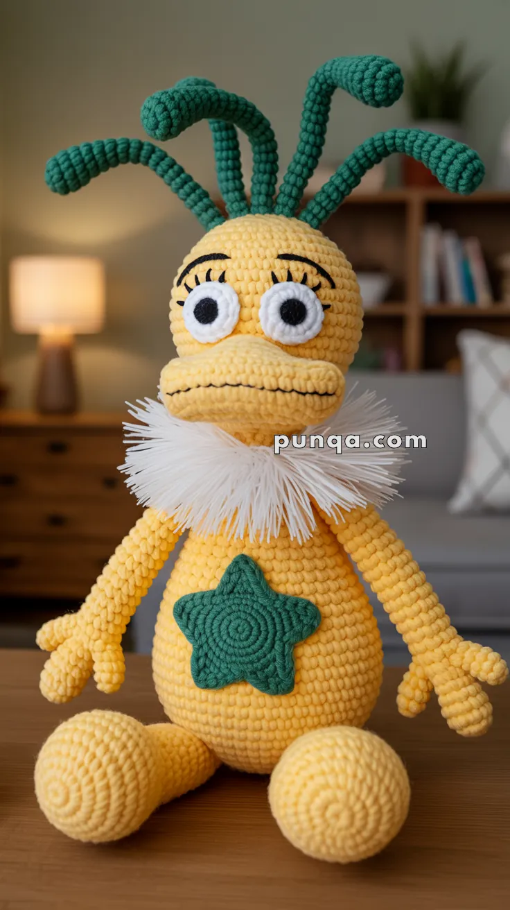 A crocheted yellow toy resembling a cartoon character with big eyes, a round nose, and green hair-like protrusions. It features a white ruffled collar and a green star on its chest, sitting on a wooden surface in a cozy room with bookshelves in the background.