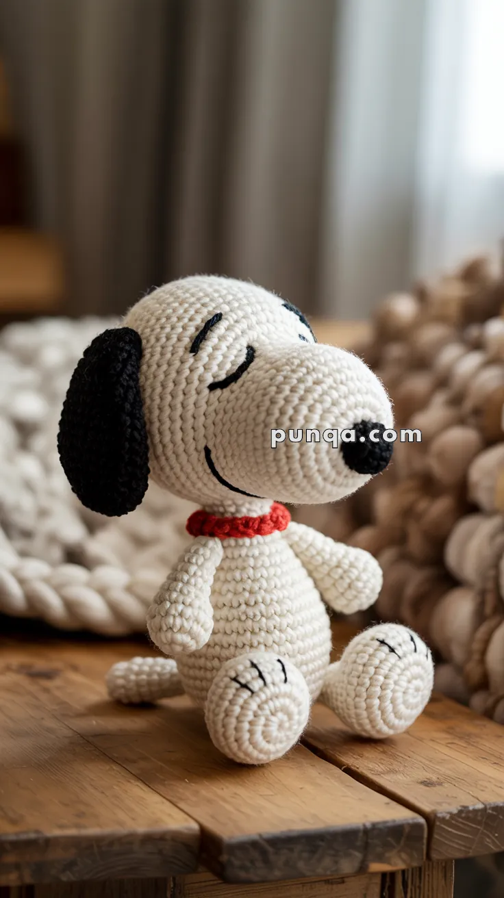 A crocheted toy dog with a red collar, black ears, and a smiling expression, sitting on a wooden surface.
