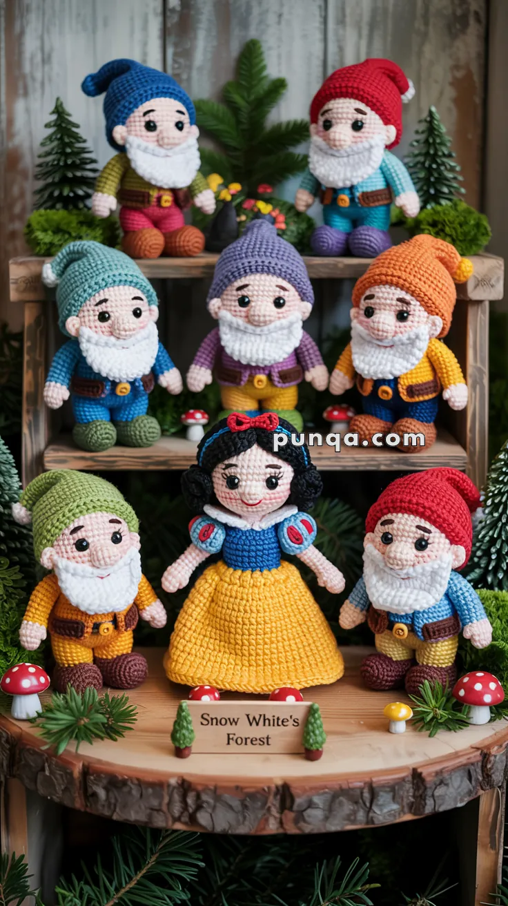 Crocheted figures of Snow White and the seven dwarfs are arranged on a wooden display, surrounded by small plants and mushrooms, with a sign reading 'Snow White's Forest.' Each dwarf has a colorful outfit and white beard, while Snow White wears a blue and yellow dress with a red bow in her hair.