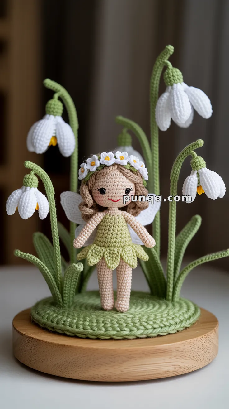A crocheted fairy doll with wings, wearing a green dress and a floral crown, stands among crocheted snowdrop flowers on a round wooden base.