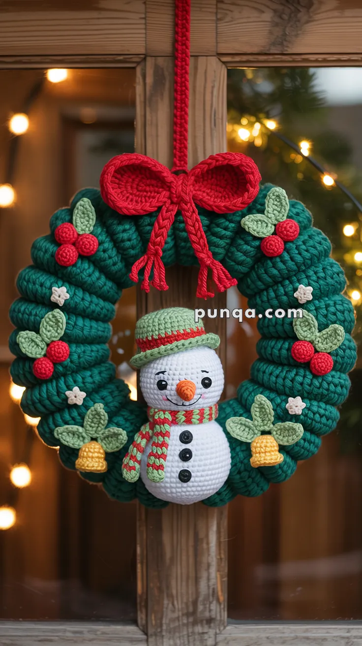 A festive crochet Christmas wreath featuring a snowman with a green and red hat and scarf, surrounded by red berries and green leaves, and topped with a large red bow. The wreath is hanging on a wooden door illuminated by warm lights in the background.