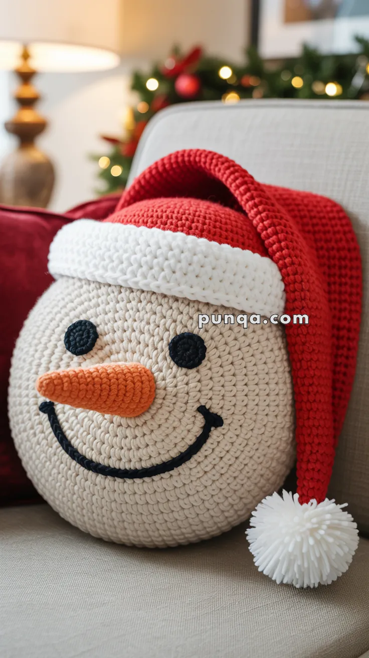A crocheted snowman pillow with a red Santa hat rests on a beige couch, with holiday decorations blurred in the background.