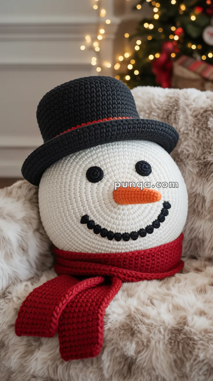 A crochet snowman pillow featuring a black hat, black button eyes, an orange carrot nose, and a red scarf, set against a cozy indoor background with blurred Christmas lights and decorations.