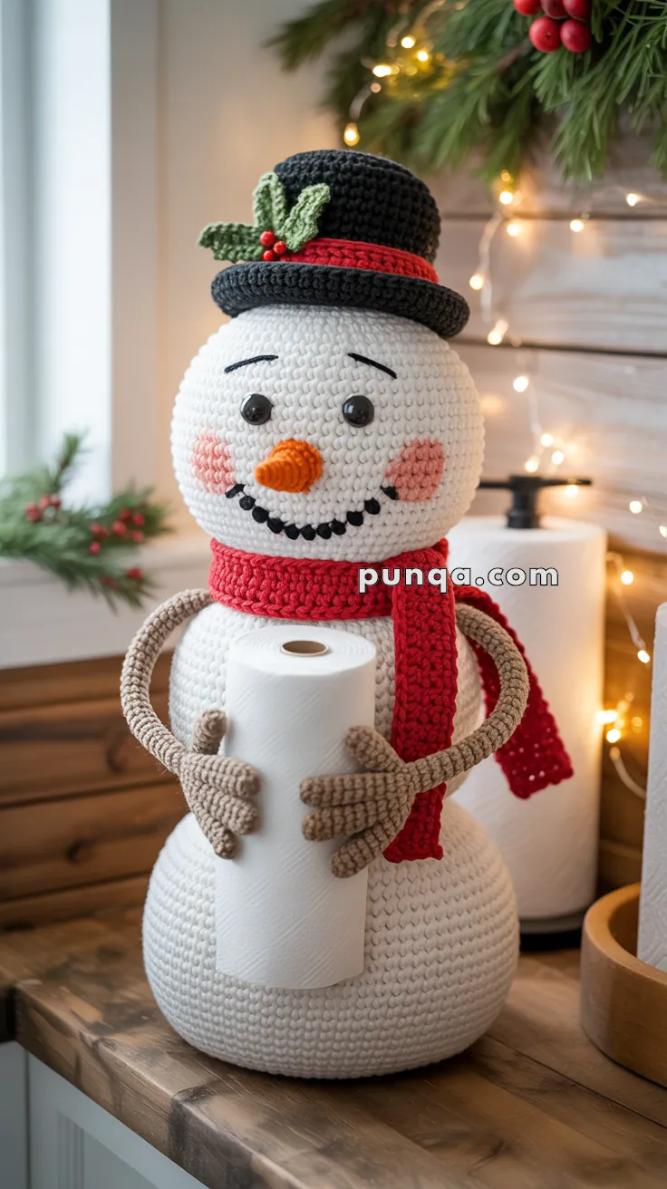 A crocheted snowman toilet paper holder with a black top hat, red scarf, and carrot nose, holding a roll of toilet paper, set in a festive decor with Christmas lights and greenery.