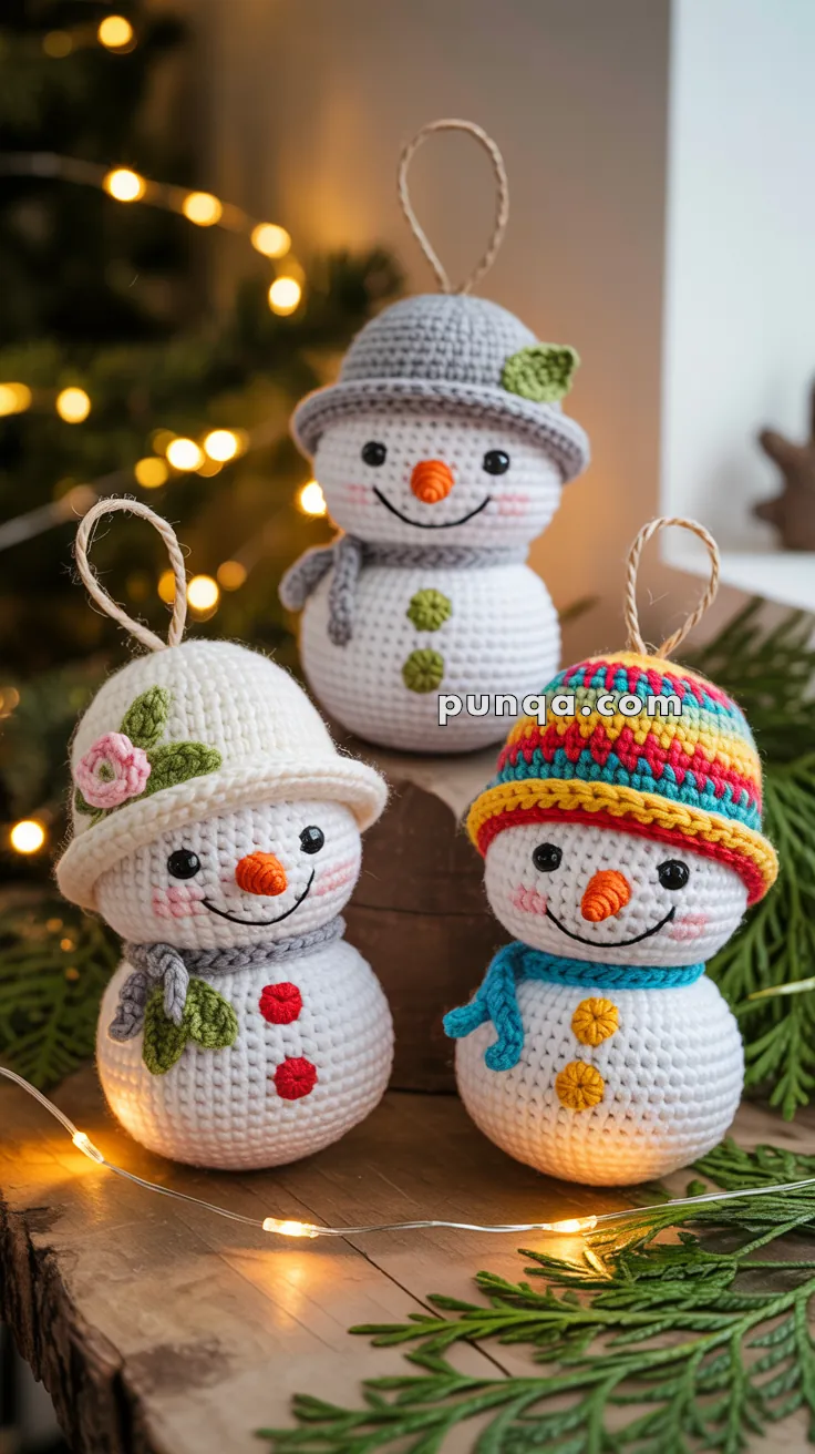 Three crocheted snowmen ornaments with colorful hats and scarves, displayed on a wooden surface with Christmas lights and greenery in the background.