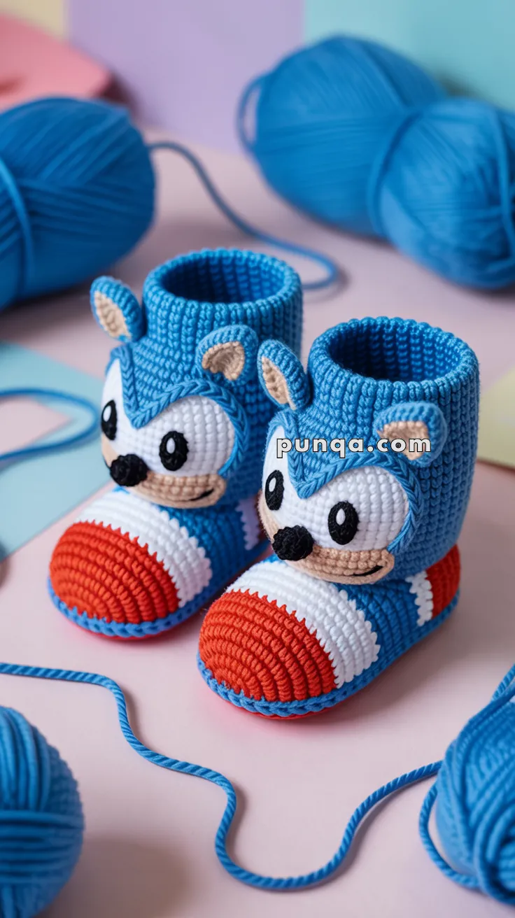 Crocheted baby booties styled to resemble a cartoon character, featuring blue yarn with red, white, and tan accents, surrounded by balls of blue yarn on a pastel background.