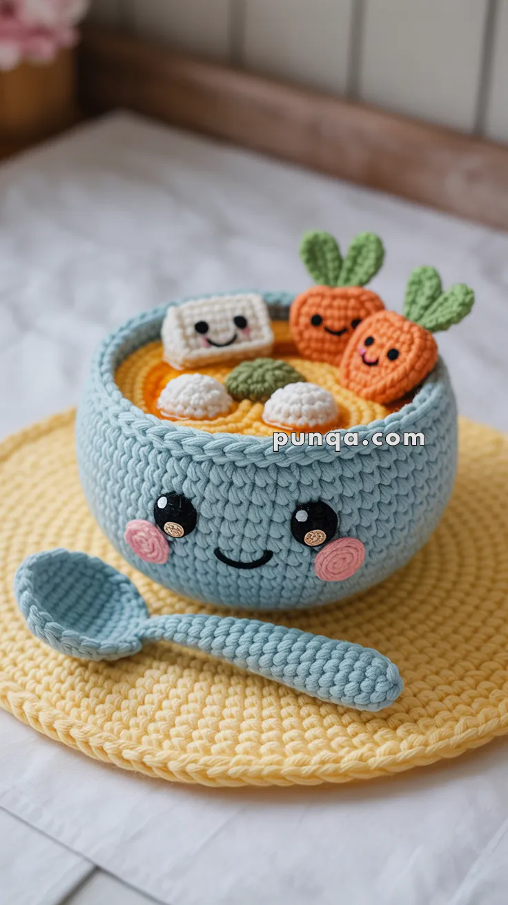 A crocheted bowl of ramen with a smiling face, garnished with crocheted carrots and tofu, placed on a yellow crocheted mat with a matching spoon.