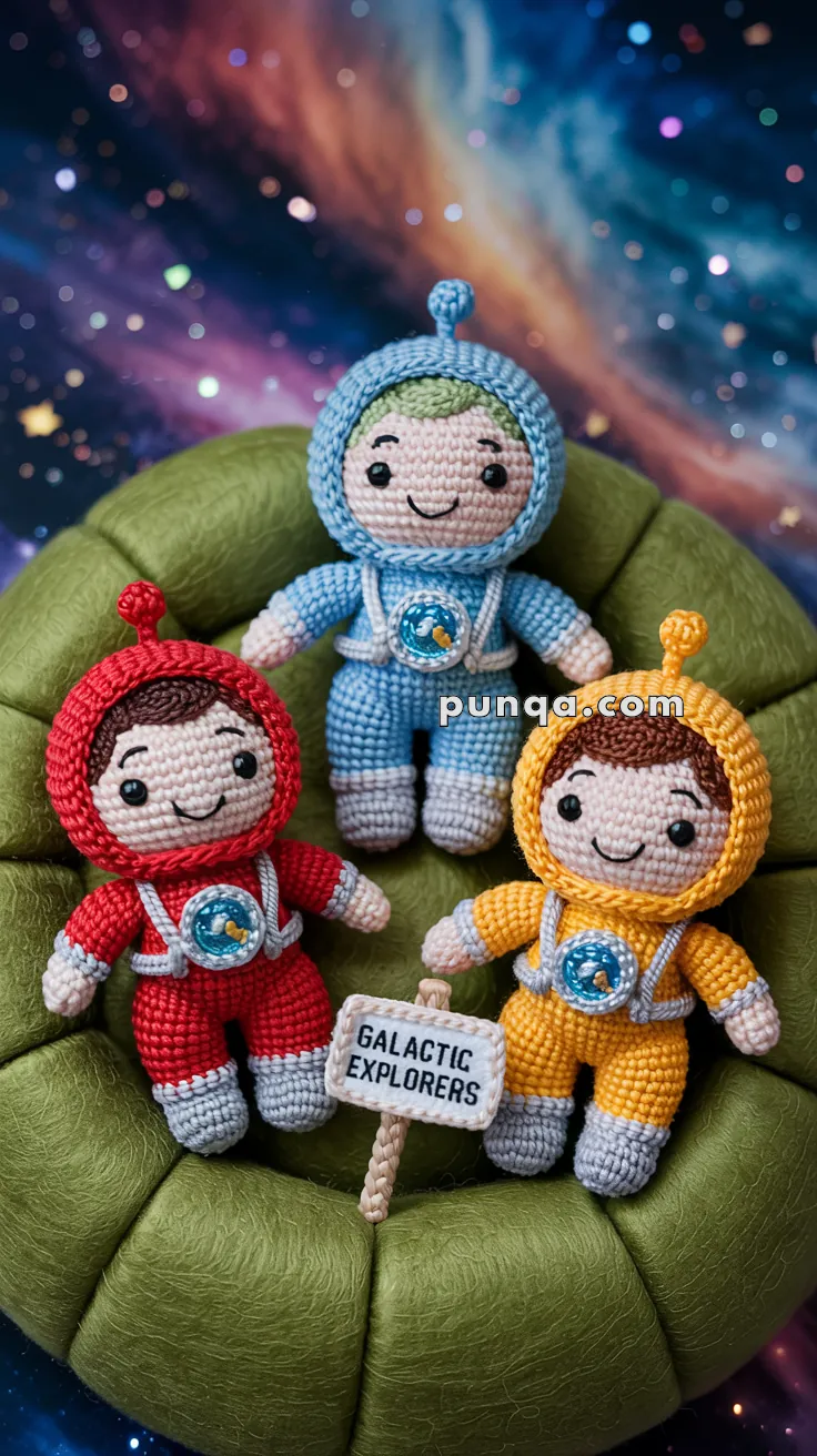 Three crocheted astronaut dolls wearing blue, red, and yellow spacesuits sit on a green cushion against a starry galaxy background, with a small sign reading "Galactic Explorers."