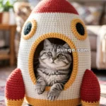 A fluffy gray tabby cat sits inside a crocheted rocket-shaped cat house with red and yellow accents, in a sunny living room.