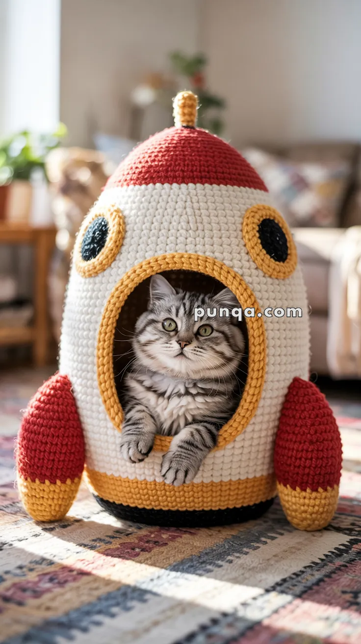 A fluffy gray tabby cat sits inside a crocheted rocket-shaped cat house with red and yellow accents, in a sunny living room.