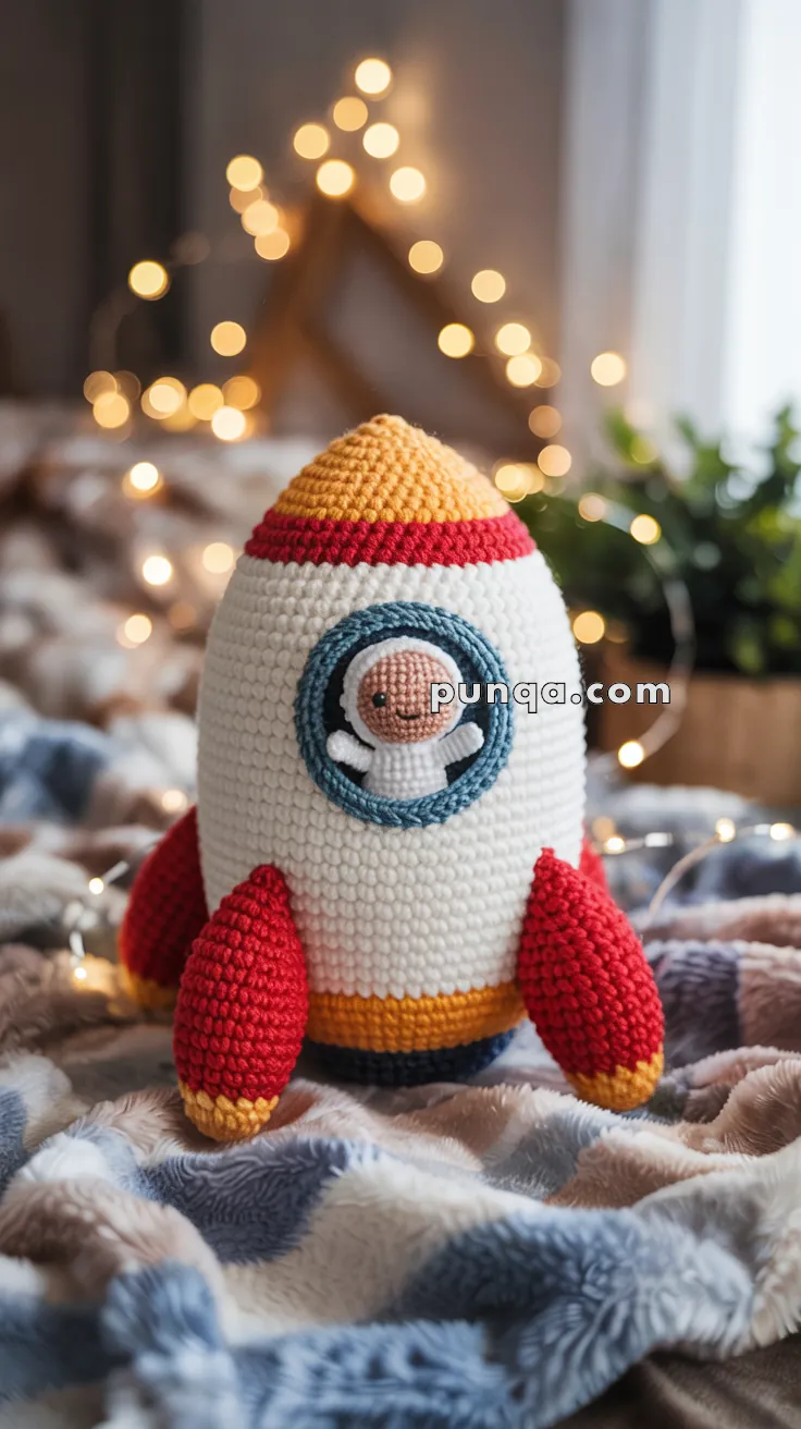 A crochet toy rocket with red and yellow accents, featuring a smiling astronaut in the window, set against a blurred background with soft, glowing lights.