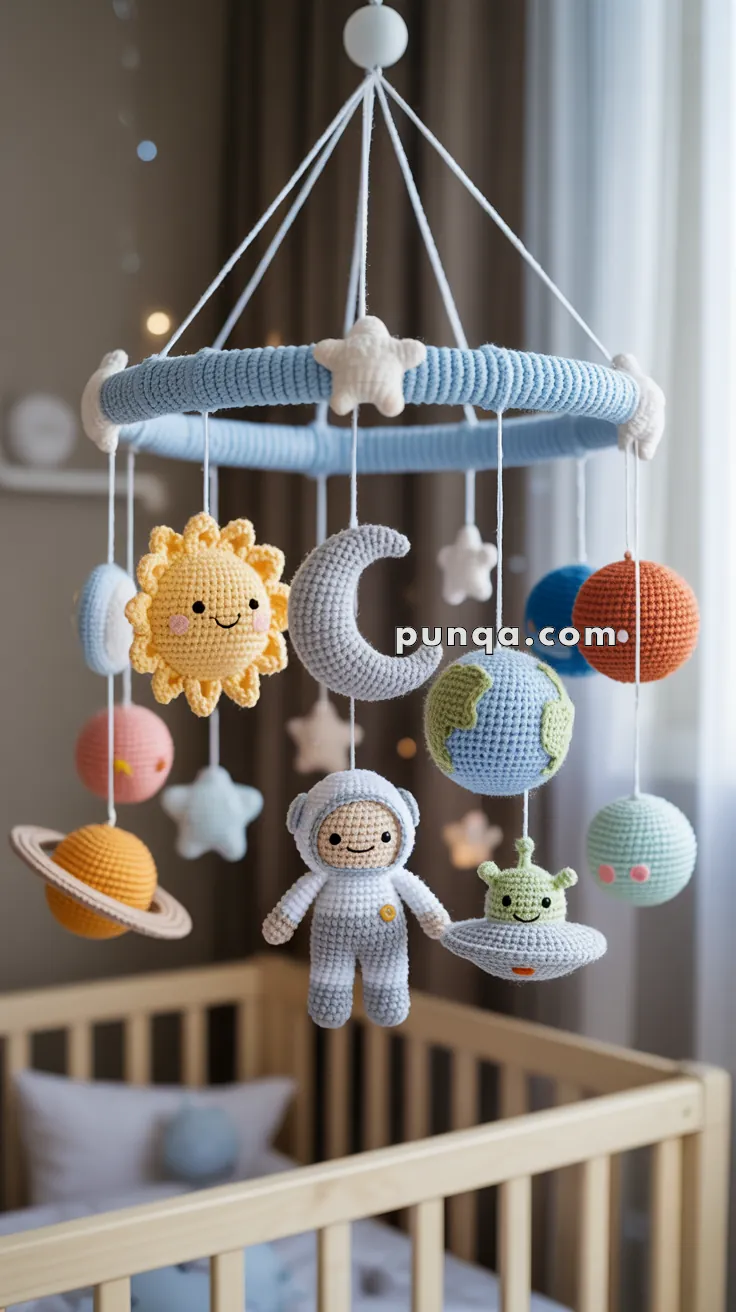 A crocheted baby mobile with space-themed figures such as a sun, moon, planets, an astronaut, and an alien in a spaceship, hanging above a crib.