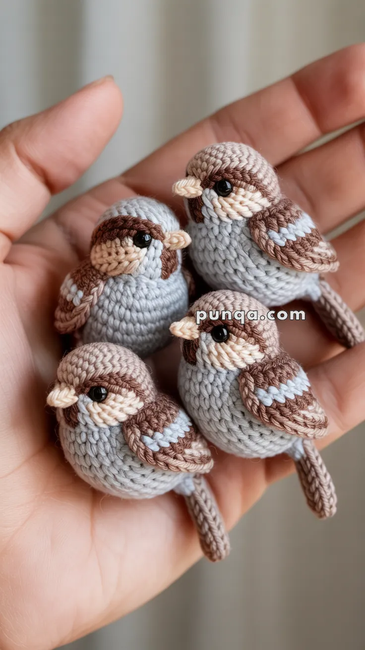 A human hand holding four intricately crocheted miniature birds in shades of brown and grey.