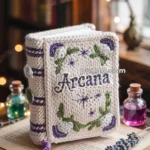 A handcrafted book titled "Arcana" with a knitted cover featuring embroidered flowers and green vines, placed on an open book. Nearby are small bottles of blue and pink liquid, and a sprig of lavender, all set against a softly lit background with bookshelves and fairy lights.