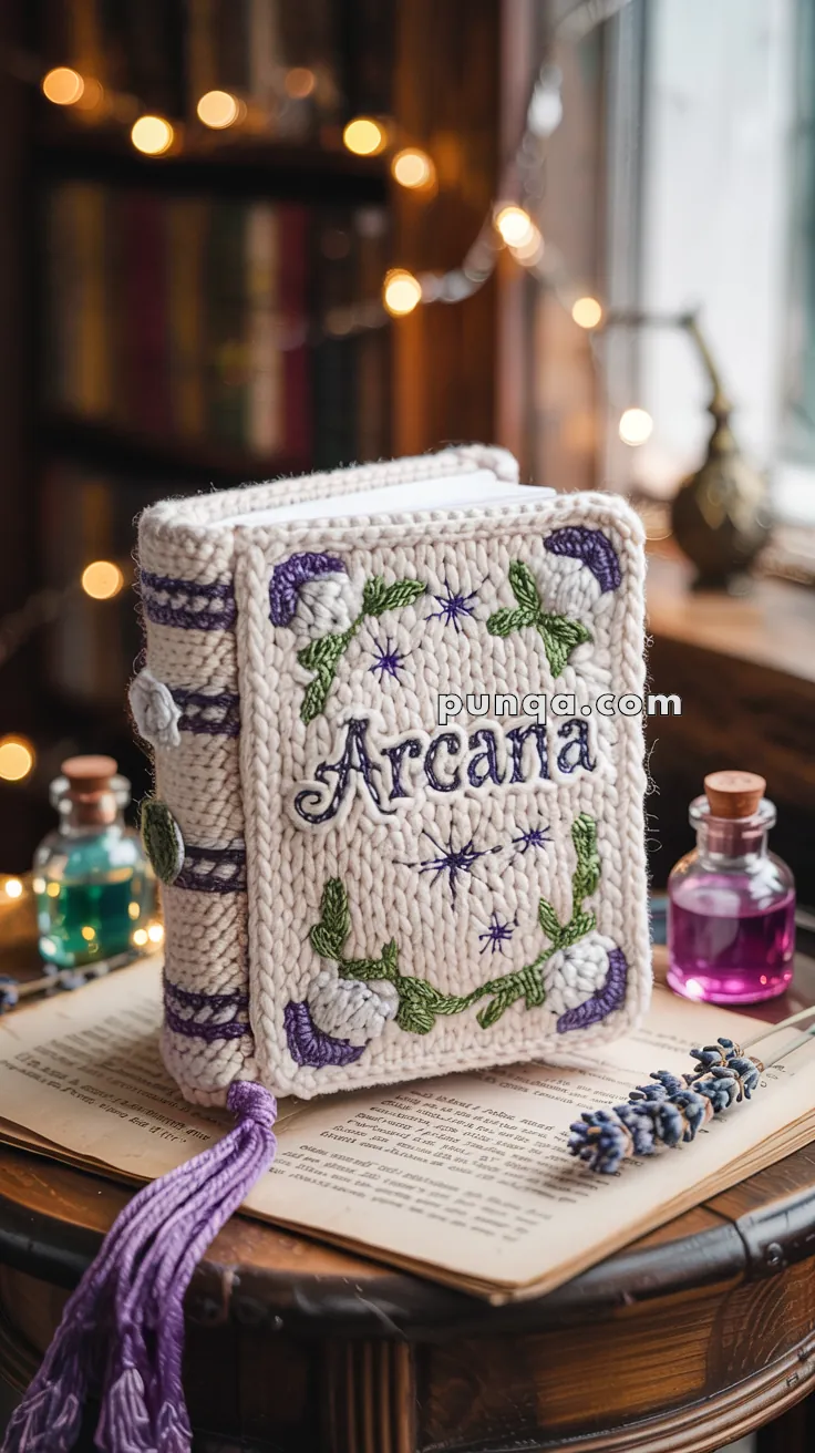 A handcrafted book titled "Arcana" with a knitted cover featuring embroidered flowers and green vines, placed on an open book. Nearby are small bottles of blue and pink liquid, and a sprig of lavender, all set against a softly lit background with bookshelves and fairy lights.