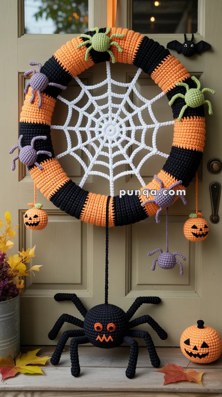 A crocheted Halloween wreath on a wooden door, featuring orange and black stripes with attached spiders and jack-o'-lanterns. A white crochet spider web is at the center, with a hanging black spider below. Decorative leaves and a metal bucket with foliage sit on the doorstep.