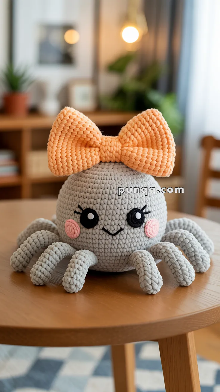 A crocheted plush toy resembling an octopus with a large orange bow on its head, featuring a cute face with rosy cheeks and black eyes, placed on a wooden table in a cozy room setting.