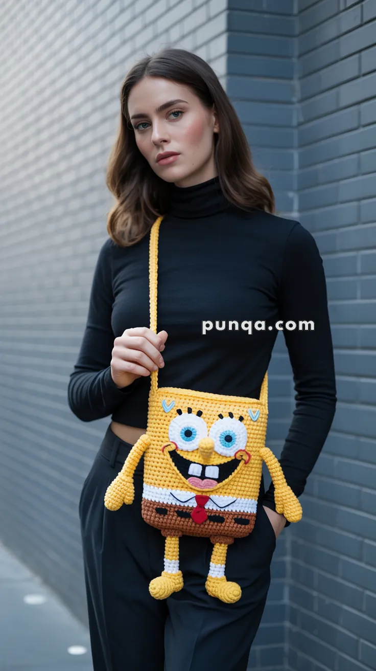 A woman wearing a black turtleneck and pants is holding a crochet handbag designed to resemble SpongeBob SquarePants, standing against a gray brick wall.