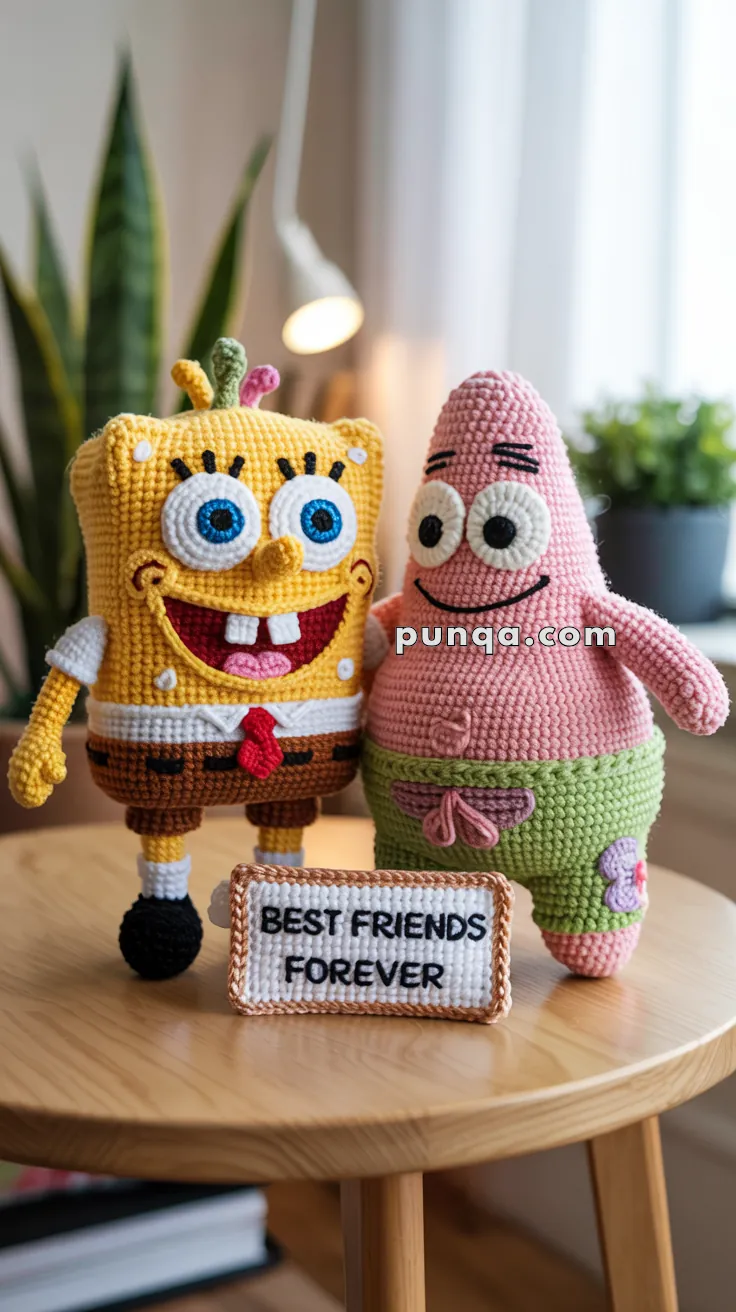 Two crocheted cartoon character dolls stand on a wooden table with a sign reading "Best Friends Forever." The background includes a potted plant and a lamp.