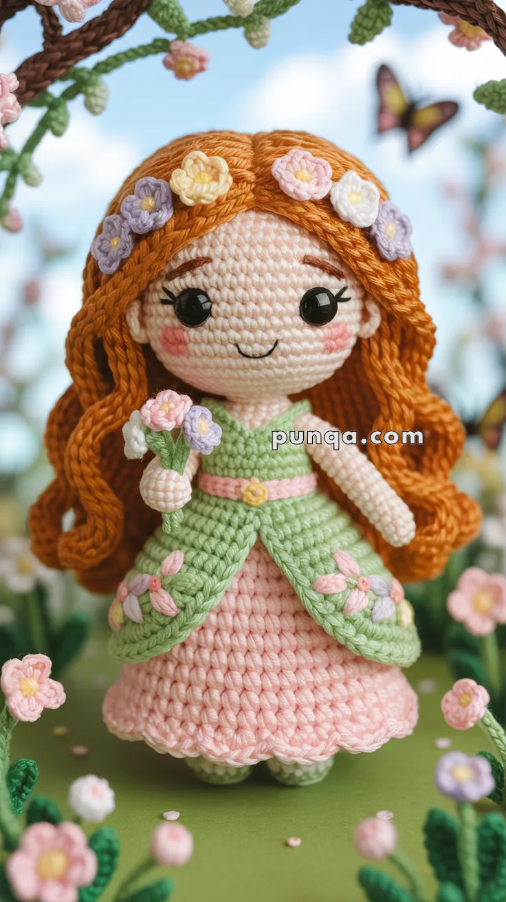A crocheted doll with long orange hair adorned with flowers, wearing a green and pink dress, holding a small floral bouquet, and surrounded by crocheted flowers and butterflies.