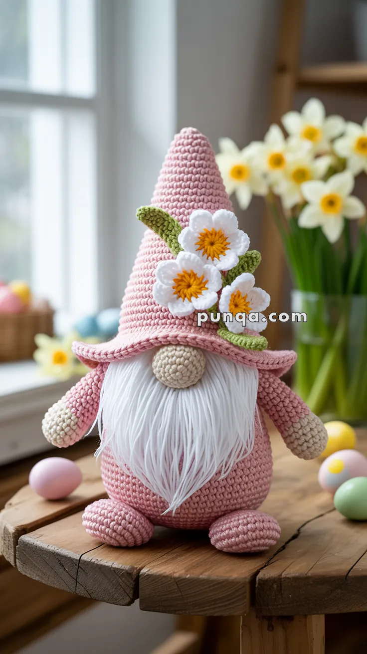 A knitted gnome with a pink hat adorned with white flowers and a green leaf sits on a wooden table, with daffodils and colorful Easter eggs in the background.
