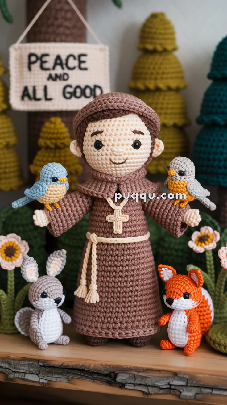 Crocheted doll of a friar, wearing a brown robe, holding birds on each arm, surrounded by crocheted animals including a rabbit and a fox, with a sign in the background reading "Peace and All Good."