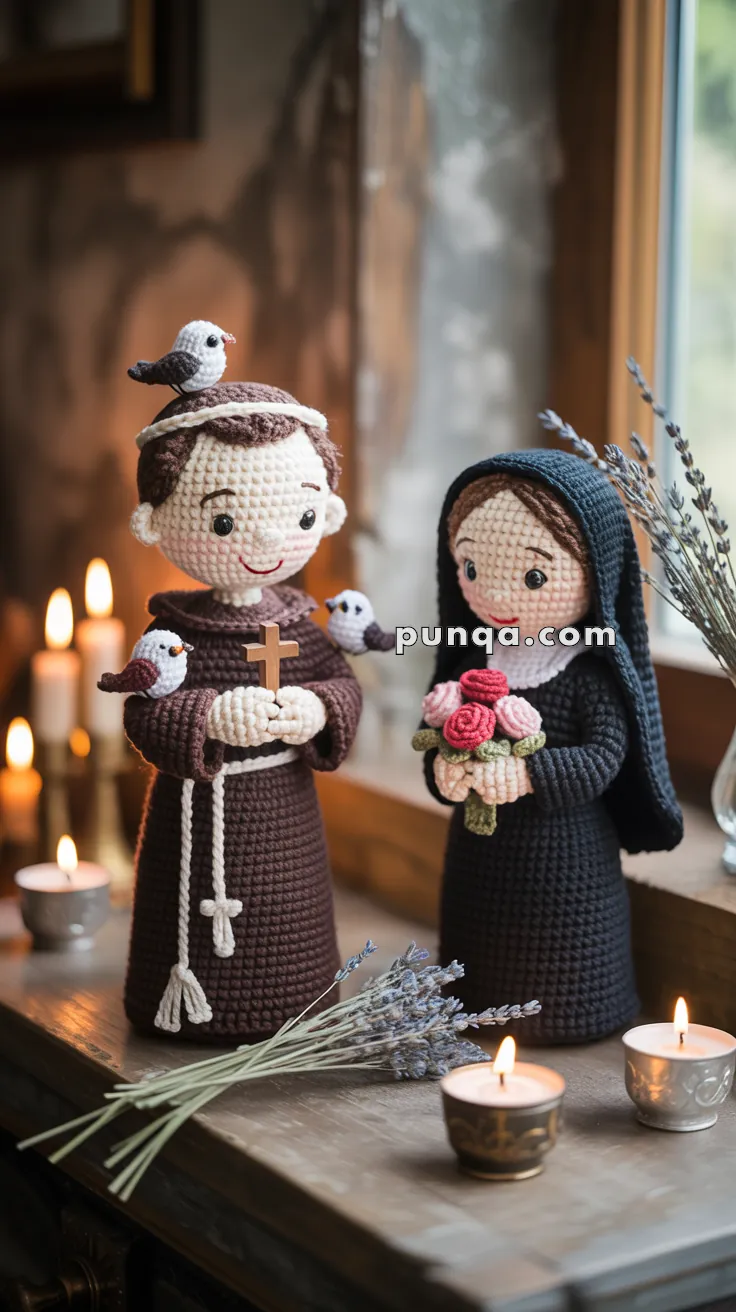 Two hand-crocheted dolls in religious attire, one holding a cross with birds on the shoulders, and the other holding a bouquet of pink roses, are displayed on a table surrounded by candles and lavender sprigs.
