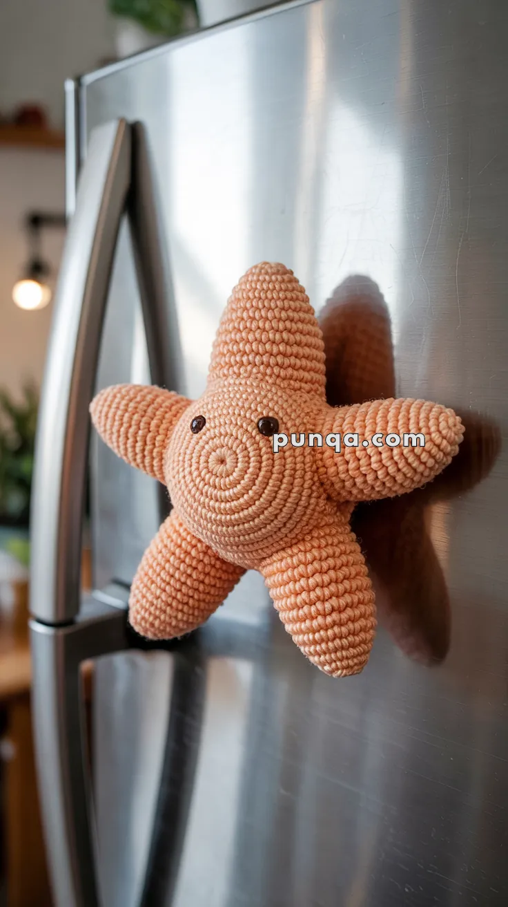 A knitted starfish toy attached to a stainless steel refrigerator door.