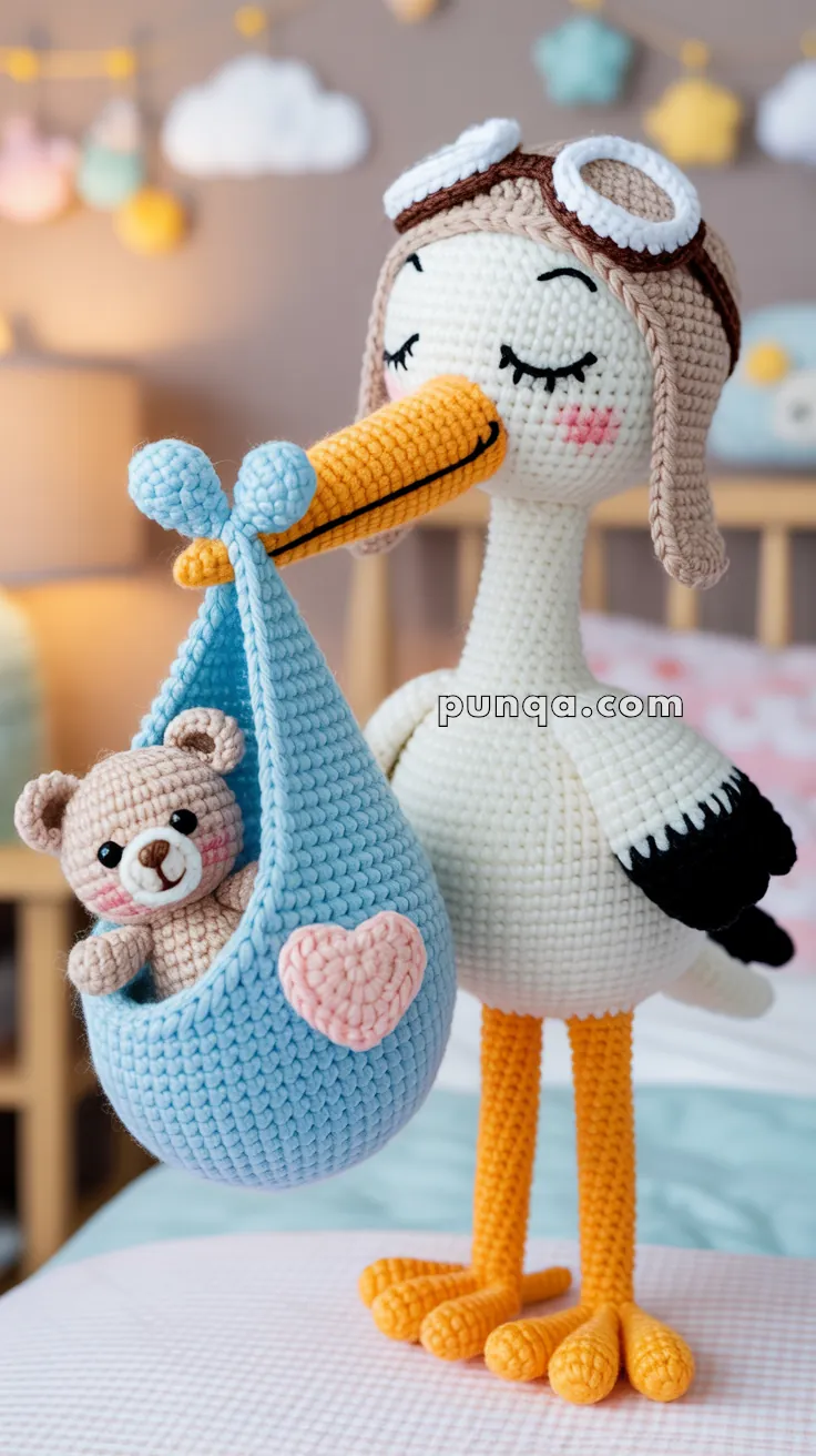 Crocheted stork wearing aviator goggles holding a blue basket with a small crocheted teddy bear inside, set in a cozy nursery room.