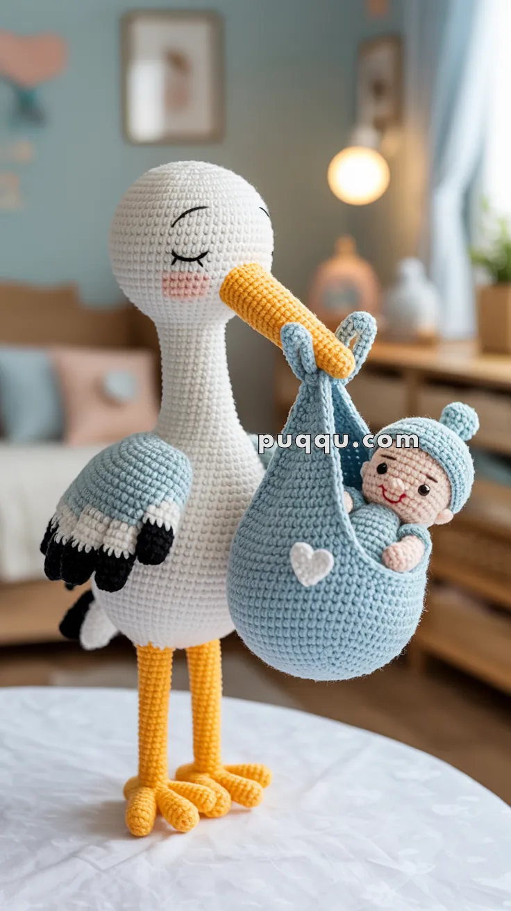 A crocheted stork with a yellow beak holding a blue crocheted bundle, which contains a smiling baby doll wearing a matching blue hat, standing on a white table in a softly decorated room.