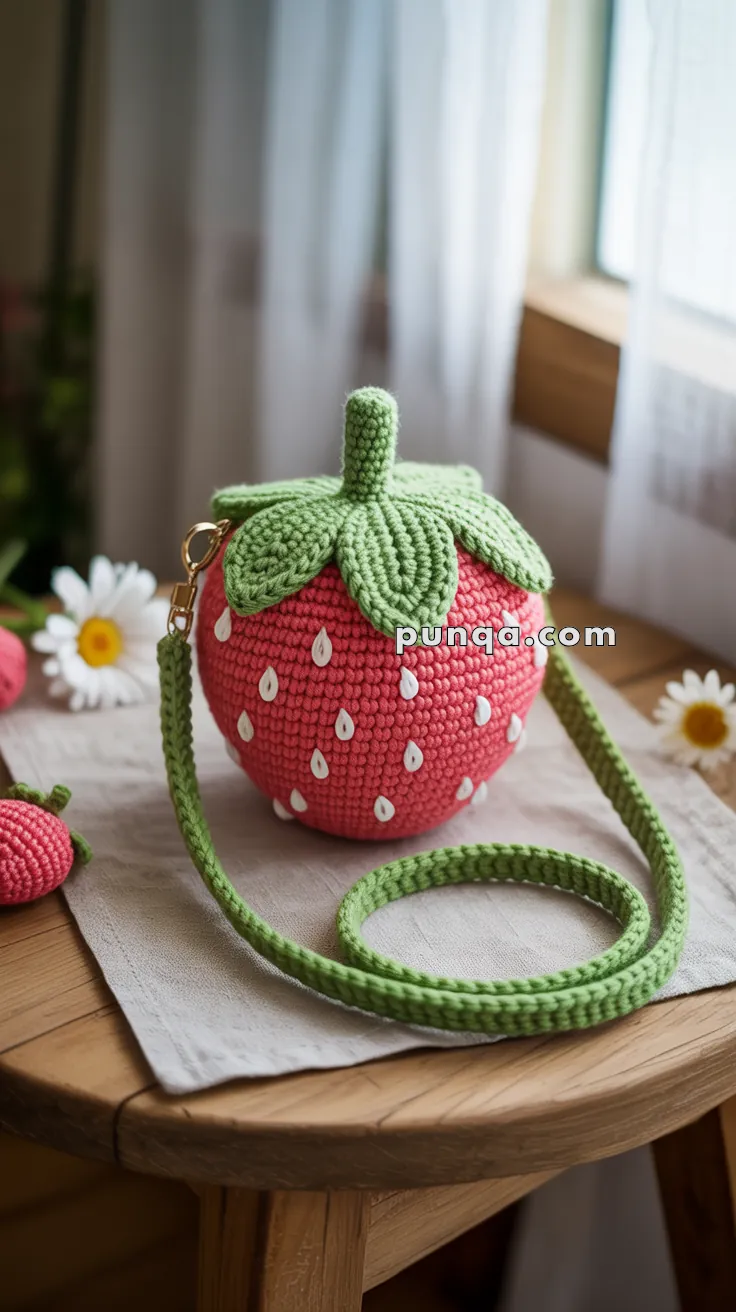 A crocheted strawberry-shaped crossbody bag with green leaves and a matching strap on a wooden table, surrounded by white daisies.